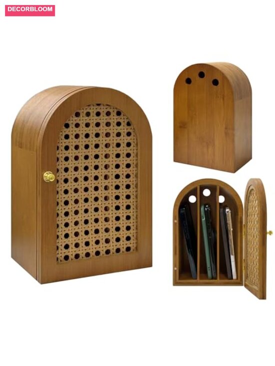 Other - Bamboo Phone Box with Charging Holes, 6-Compartment Cell Phone Jail